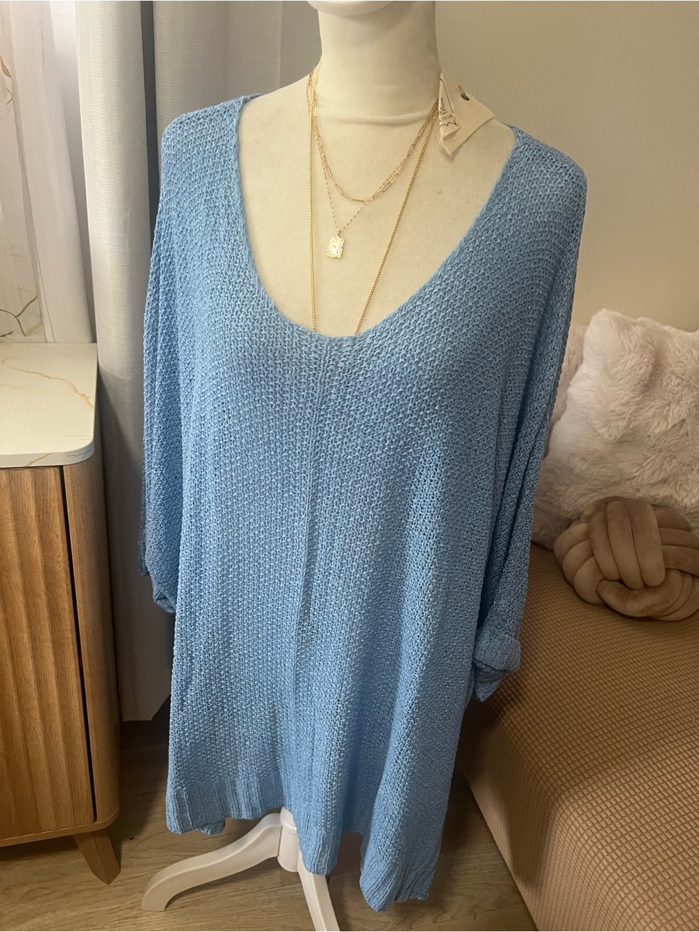 easel Light Blue Knit V-Neck Oversized Sweater